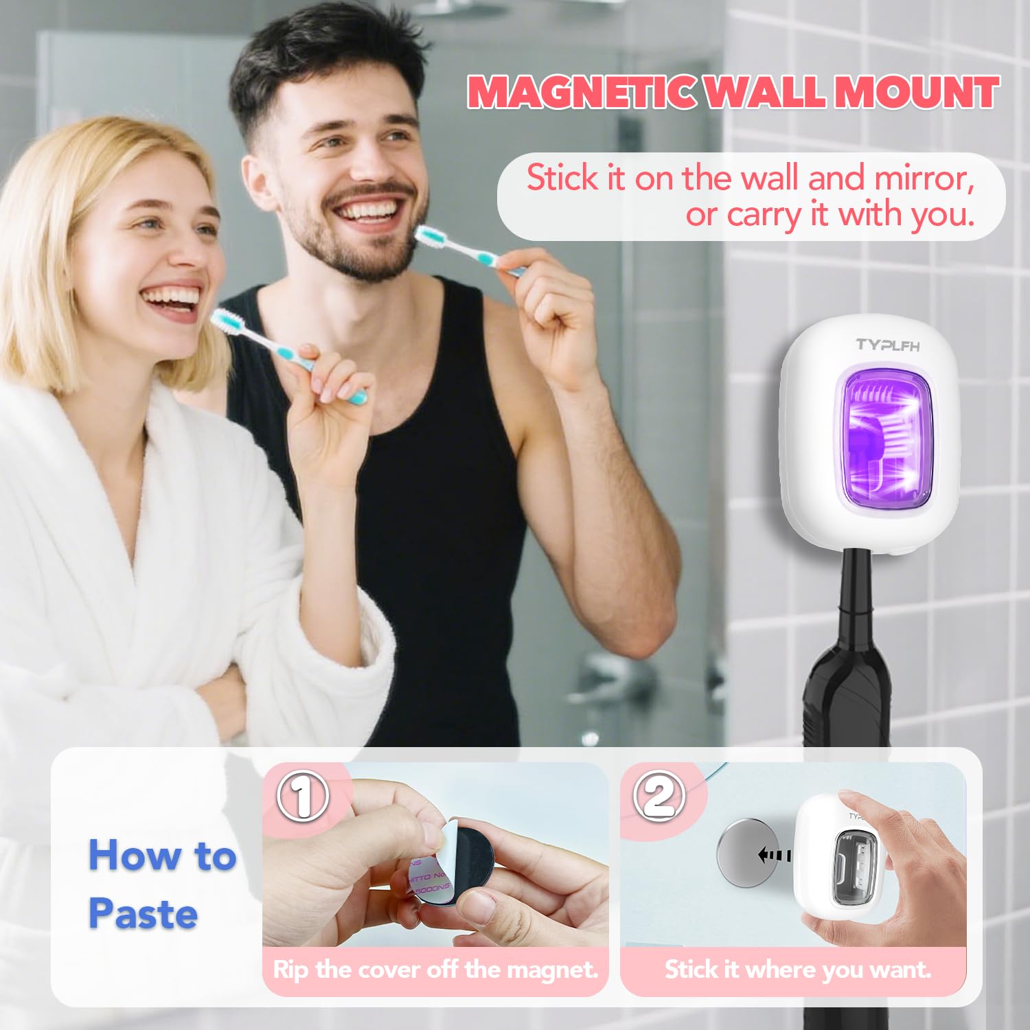 Toothbrush Sanitizer and Holder, TYPLFH Wall Mounted Toothbrush Covers Holders for Bathrooms, Rechargeable Toothbrush Travel Cleaner Case for Electric & Any Toothbrushes