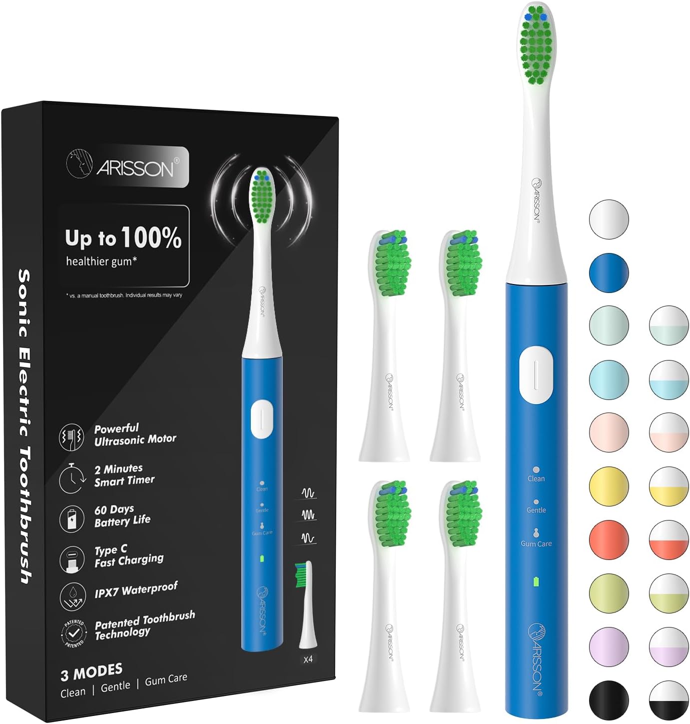 ARISSON Sonic Electric Toothbrush for Adults and Kids, 40,000 VPM Power Toothbrush, 1.5H Fast Charge Ultrasonic Electric Toothbrushes with 2 Minutes Smart Timer, White on Azure Blue