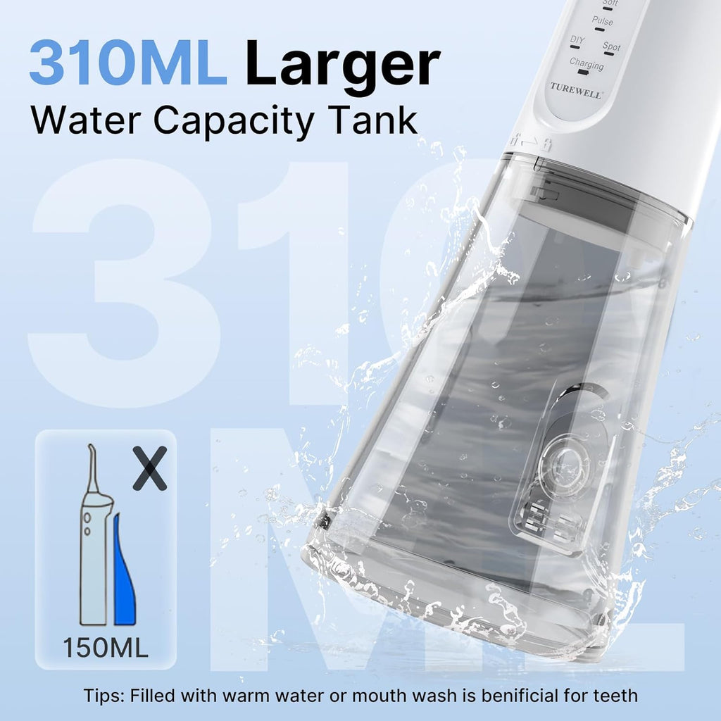 TUREWELL Water Dental Flosser for Teeth/Braces, 310 ML Portable Cordless Oral Irrigator with 5 Modes, IPX7 Waterproof Electric Water Flossing with 4 Replacement Jet Tips for Travel and Home, White