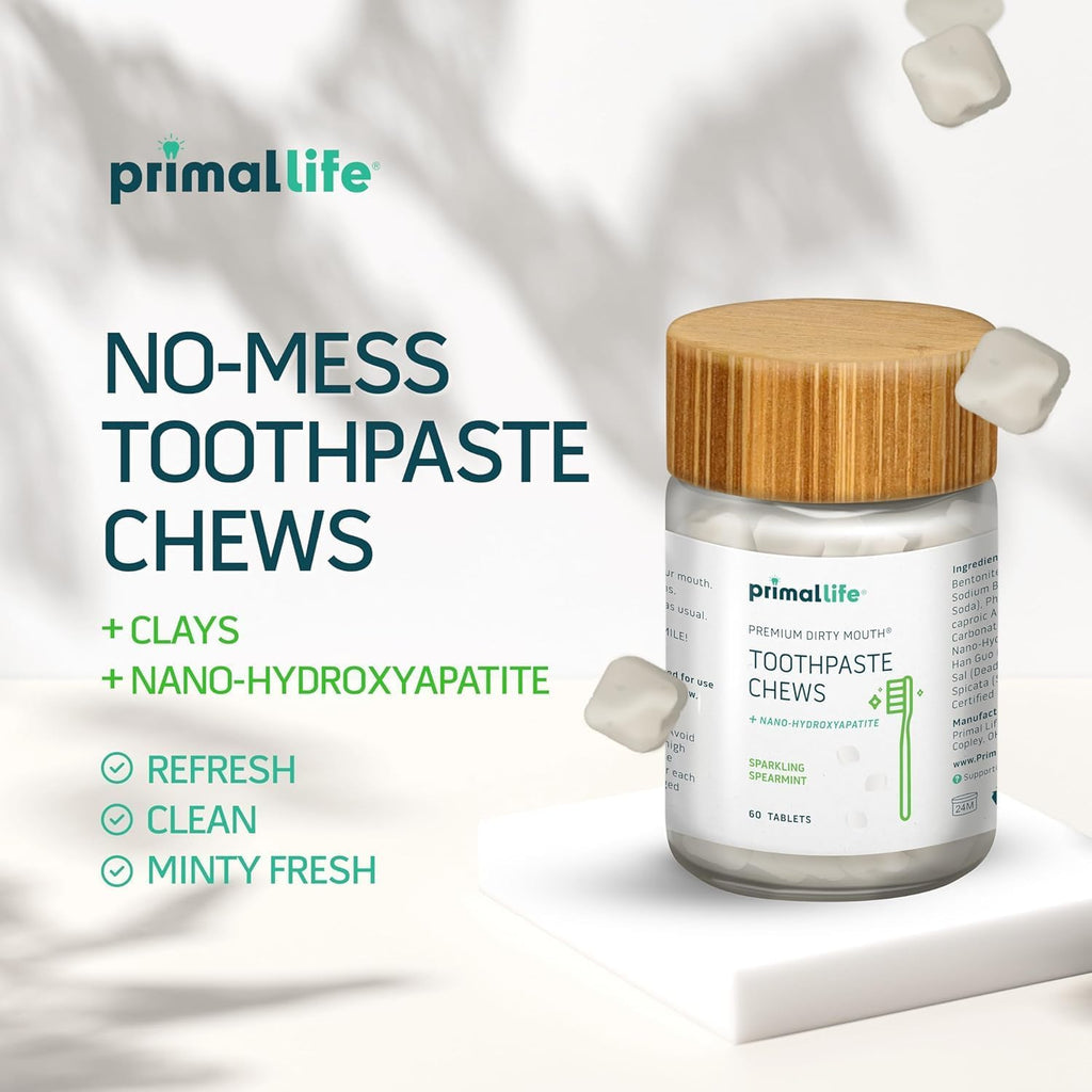 Primal Life Organics Premium Dirty Mouth Toothpaste Chews – Nano-Hydroxyapatite Whitening Toothpaste Tablets for Adults - Gluten Free, Vegan, Paleo - 60 Tablets in Jar - Sparkling Spearmint