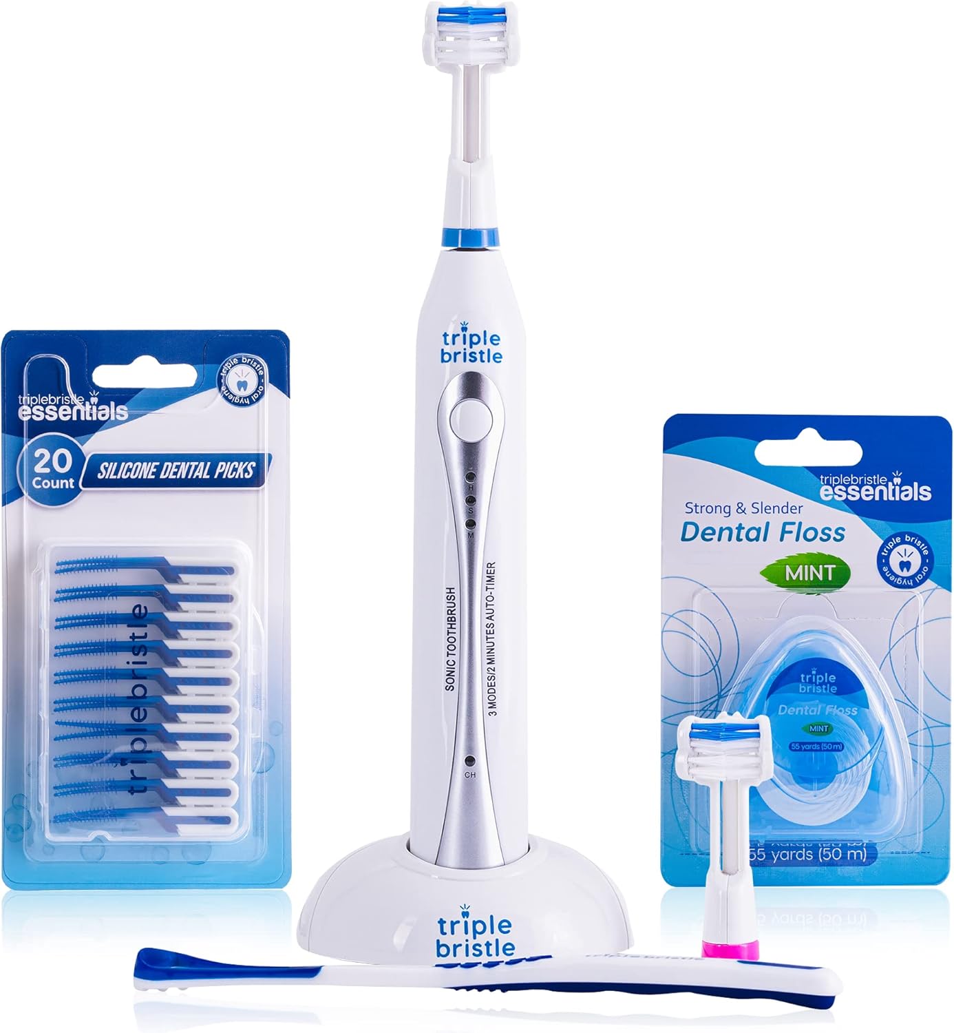 Triple Bristle Original Sonic Toothbrush | Rechargeable 31,000 VPM Tooth Brush | Patented 3 Head Design | Angled Bristles Clean Each Tooth | Dentist Approved | Triple Bristle Original + Oral Care Kit