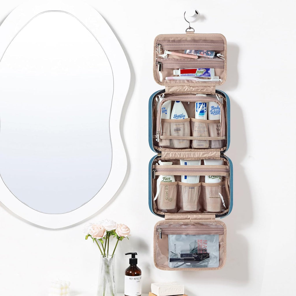 NISHEL Travel Toiletry Bag for women, Portable Hanging Organizer for Travel-Sized Shampoo, Conditioner, Brushes Set, Makeup Accessories, Medium Size, Lake-Blue