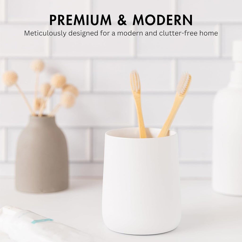 Matte White Toothbrush and Toothpaste Holder and Cup for Bathroom Vanity and Countertop, Round Organizer for Electric Toothbrushes, Floss, Razors, Cotton, and Mouthwash