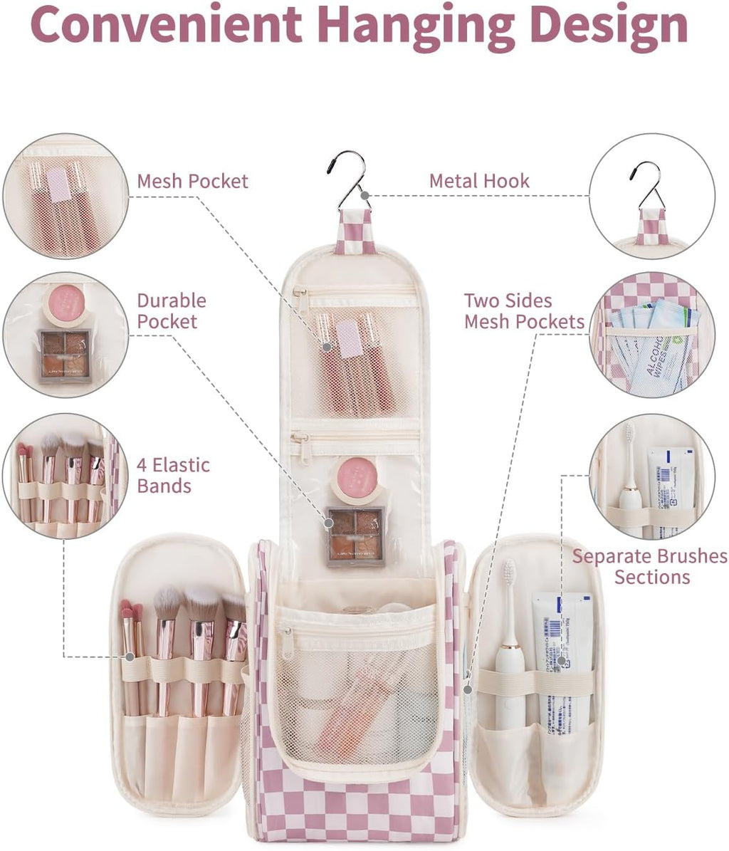 Narwey Small Checkered Hanging Travel Toiletry Bag for Women, Travel Bag for Toiletries, Makeup Bag Organizer Cosmetic Bags Make Up Bags for Women (Dusty Rose Checkerboard)