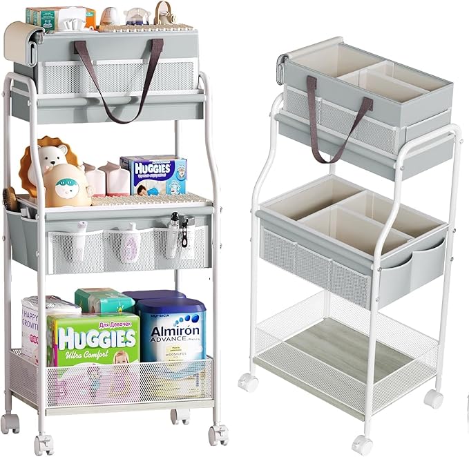 2In1 Baby Diaper Caddy & 3-Tier Rolling Diaper Cart, Diaper Caddy Organizer Cart with Dividers & 12 Pockets, Nursery Bedside Caddy Utility Cart for Baby Clothes & Dresser Baby Bottle,Baby Essential