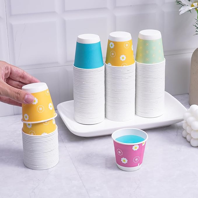 Tamone 600 Pack 3 oz Bathroom Cups, Small Paper Cups, Mouthwash Cups, Mini Paper Cups, Blue, Yellow, Green Disposable Paper Cups for Party, Picnic, BBQ, Travel, Home and Event