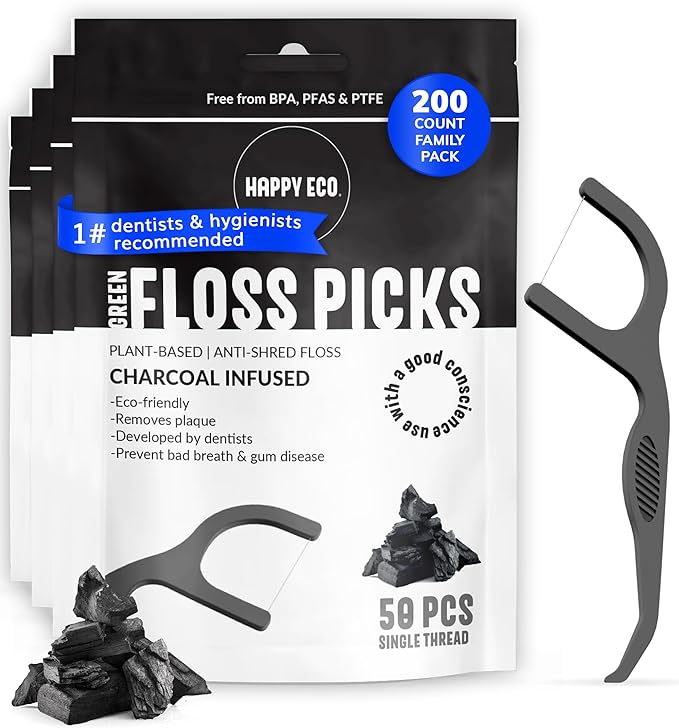 Dental Floss Picks (200pcs) - Flossers for Adults, Vegan Corn-Straw Handle, Superior Oral Care & Anti-Shred Thread, Dental Hygiene, Tooth Pick Sticks, Teeth & Gum Health (Charcoal, Single Thread)