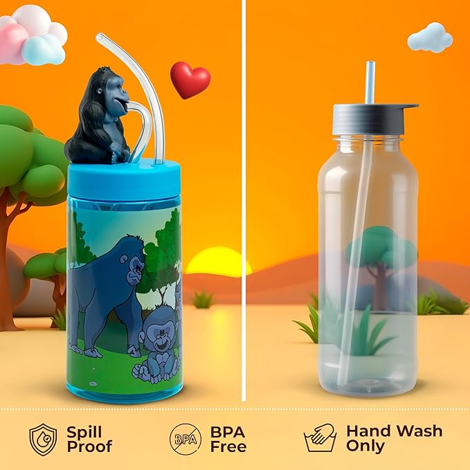Kids Water Bottle, Toddler Cups, Tumbler with Lid and Straw, Travel Sippy Cup for Water or Milk, Kids Cups with Lids for Toddlers 3 and Up, BPA Free Plastic, 12 oz (Zoo Silverback Gorilla)
