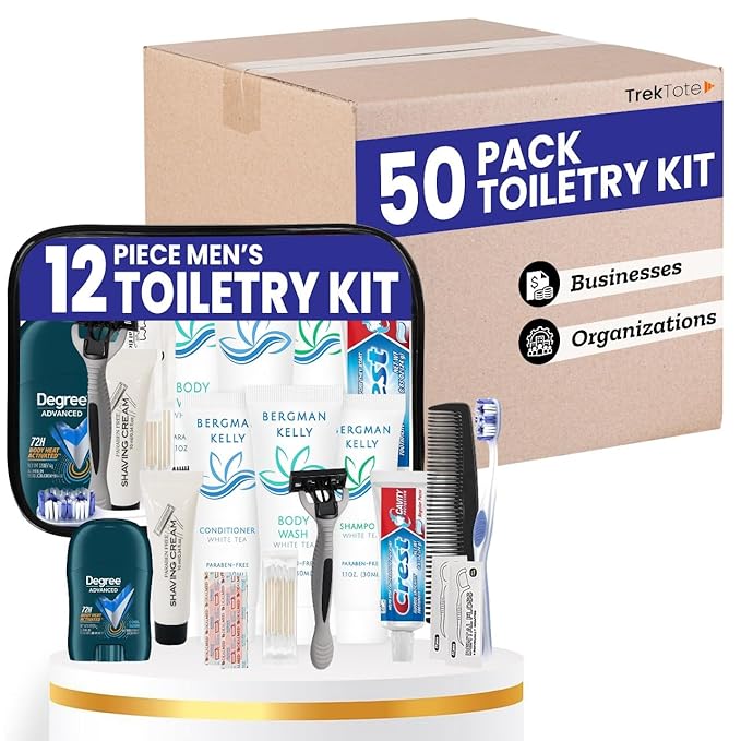 Trektote Bulk Hygiene Kit For Men – (50 Pack) 12 Piece Set Of Travel Size Toiletries, TSA Compliant, Bulk Travel Essentials, Includes Shampoo And Conditioner, Body Wash, Toiletry Bag & More