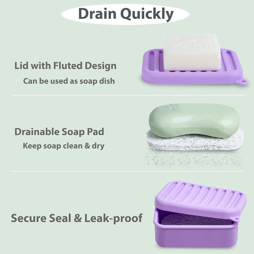 Portable Leakproof Travel Soap Case, Silicone Travel Soap Case, Compact Soap Holder with Drainage Layer, Travel Soap Holder for Camping, Gym, Outdoor (Light-Purple)