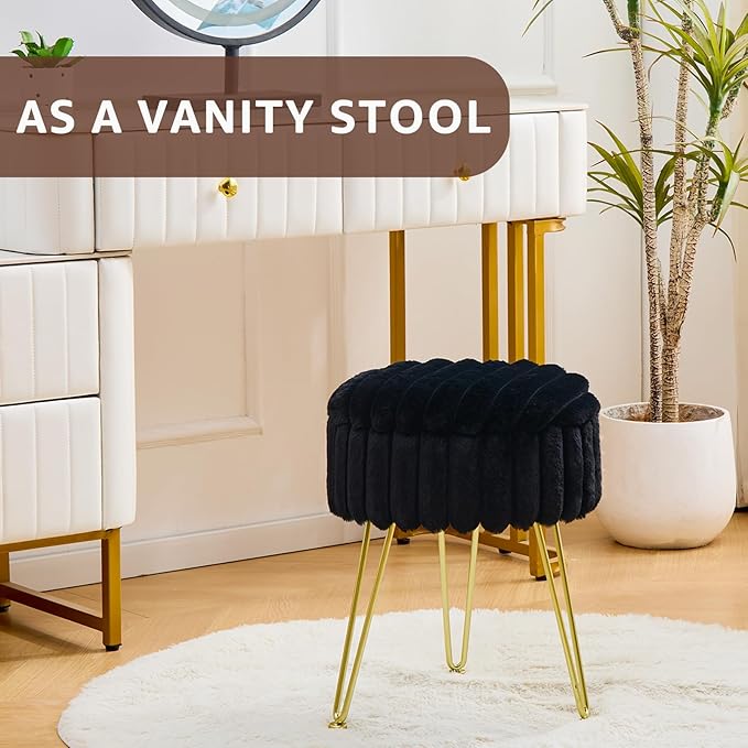 Wimarsbon Vanity Stool with Storage, Faux Fur Ottoman Chair with Metal Legs, Round Makeup Vanity Chair for Bedroom or Dressing Table, Modern Small Ottoman Seat (Black)