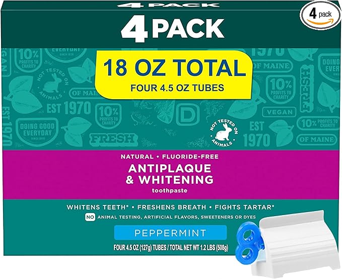 Antiplaque & Whitening Toothpaste, Peppermint, Fluoride-Free – 4 Pack (4.5 oz Each, 18 oz Total) – Natural Whitening with Zinc & Xylitol + Free Toothpaste Squeezer Gift