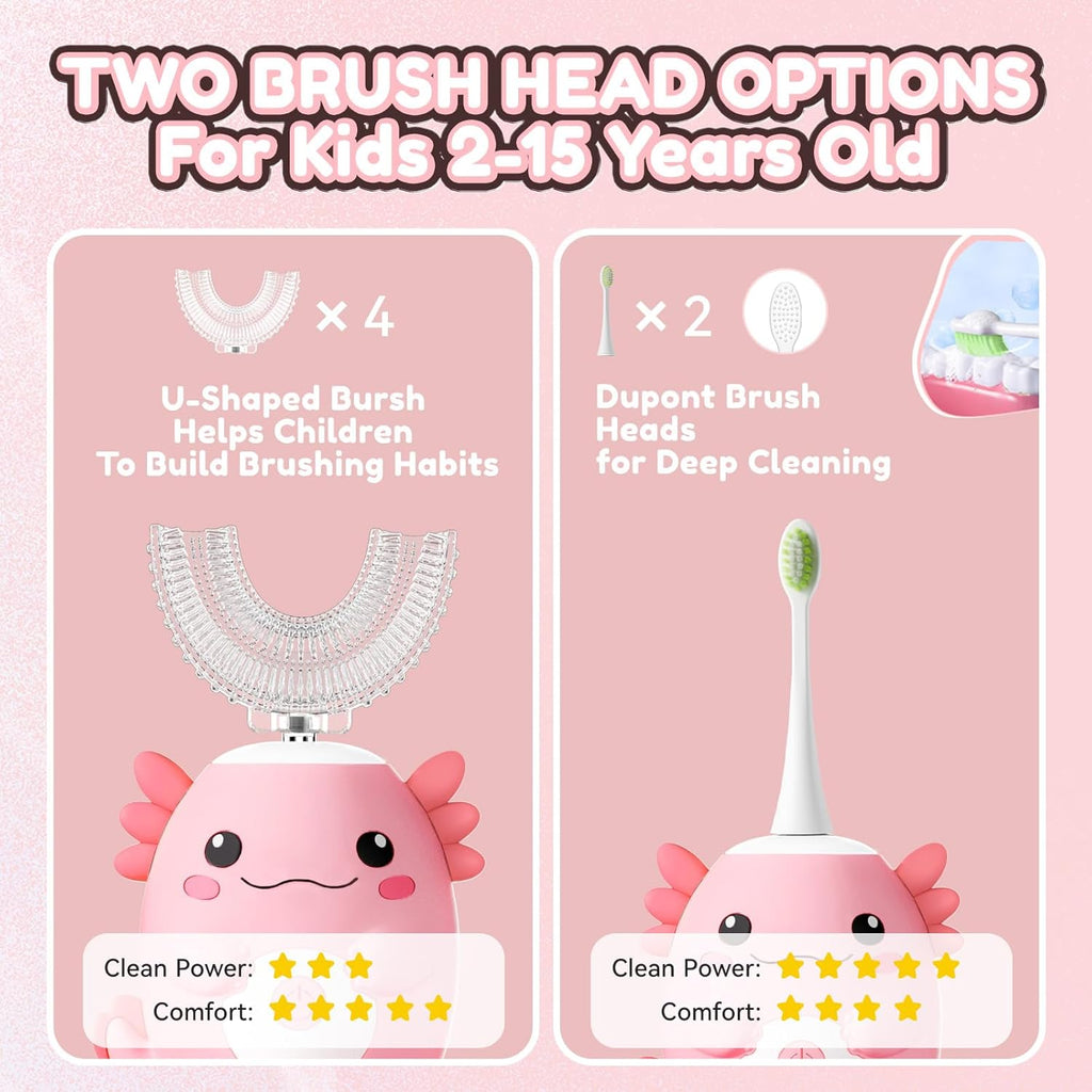 Kids Electric U Shaped Toothbrush - Axolotl Kids Rechargeable Sonic Toothbrush with 6 Brush Heads Full Mouth 6 Cleaning Modes - Age2-15 Pink