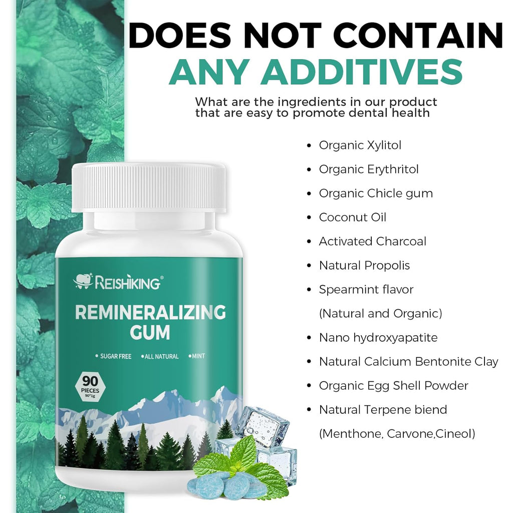 REMINERALIZING GUM, 90 Pieces, Teeth Remineralization, Sugar-Free Chewing Gum with Xylitol, Mint Flavor, Two pills after meals to freshen breath and clean teeth