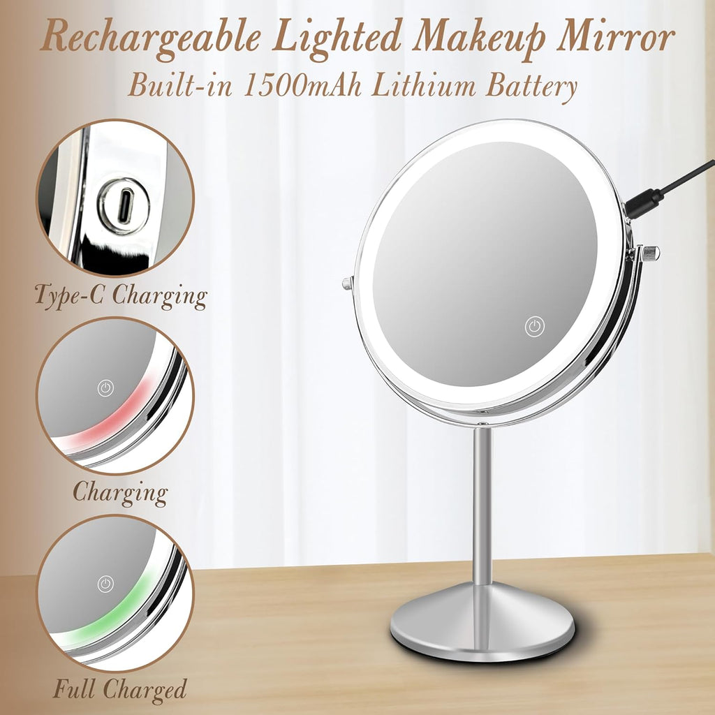 Ysenchan Lighted Makeup Mirror, 8'' Rechargable LED Vanity Magnifying Mirror, Double Sided 5X Manification Mirror with Stand, Cosmetic Standing Desk