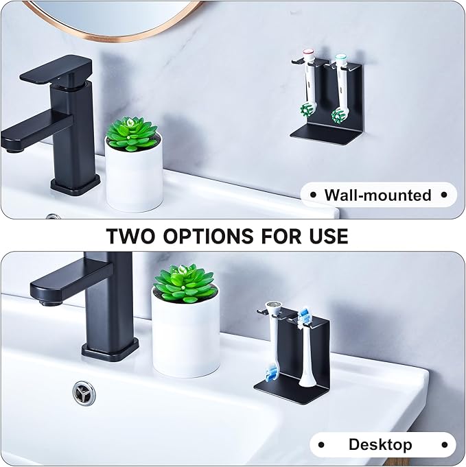 Electric Toothbrush Head Holder, Oukimly Toothbrush Holder Wall Mounted or Desktop, Metal Tooth Brush Holder, Shower Brush Head Holder, Electric Toothbrush Holder for Bathroom (Black, Small)