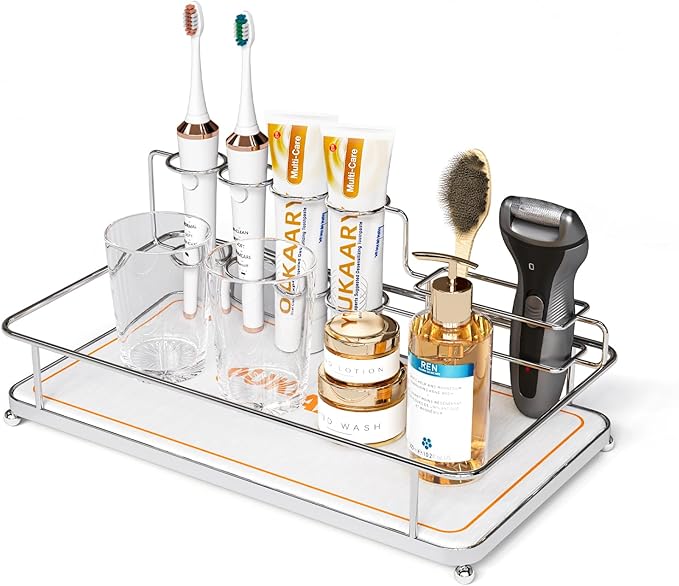 Toothbrush holderLarge Bathroom Organizer with 6 Slots Fast Drying Toothbrush, Cup & Makeup Storage for Sink Countertop,Electric & Manual Toothbrushes, Water Absorbent Diatomaceous Earth