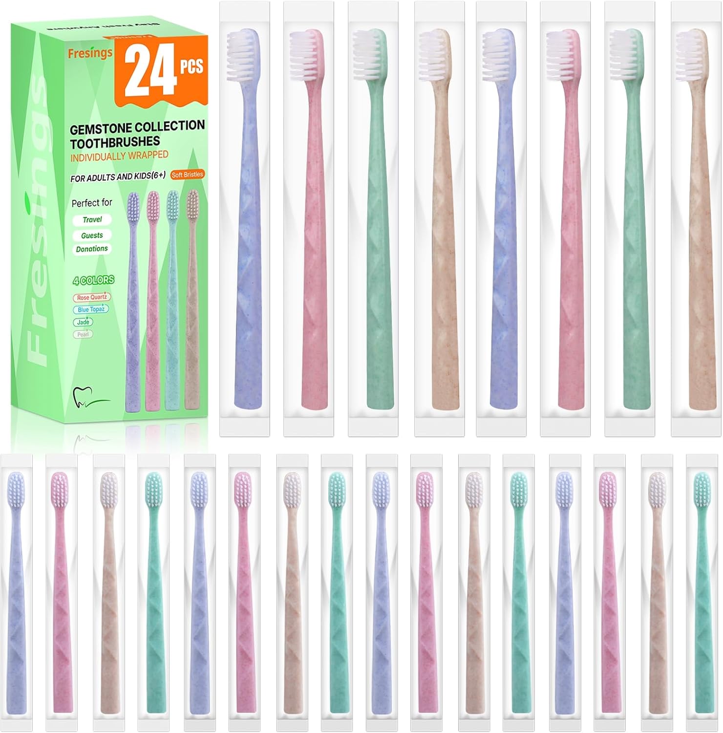 24 Pack Premium Disposable Toothbrush with Tongue Scraper – Individually Wrapped Bulk Travel Toothbrushes, Soft Bristles for Guests, Hotel, Vacation Rental, Home & On The Go,4 Colors