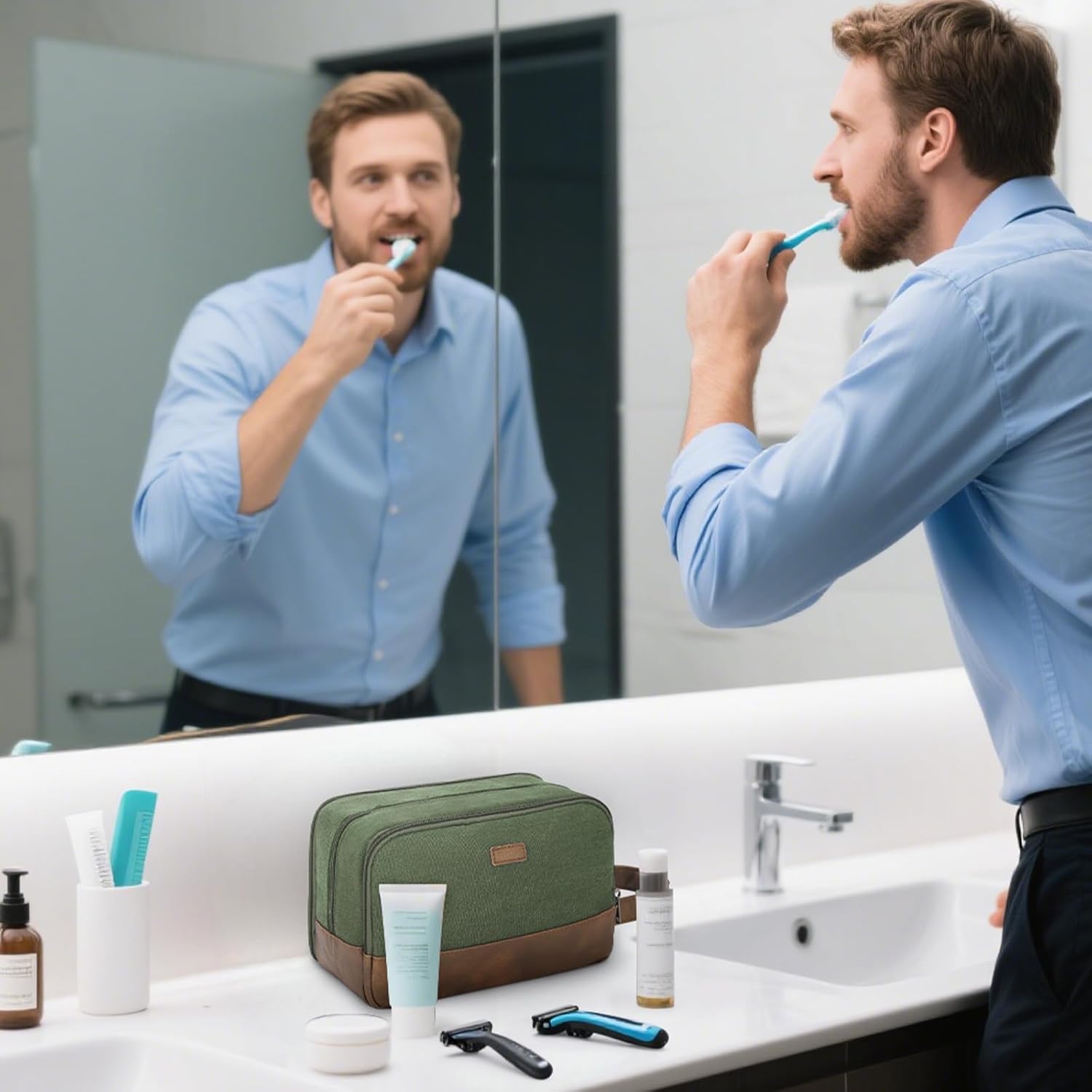 WANDF Travel Toiletry Bag for Men Large Toiletries Shaving Bag Water Resistant Hanging Dopp Kit Travel Accessories Bag for Women Men (Green)