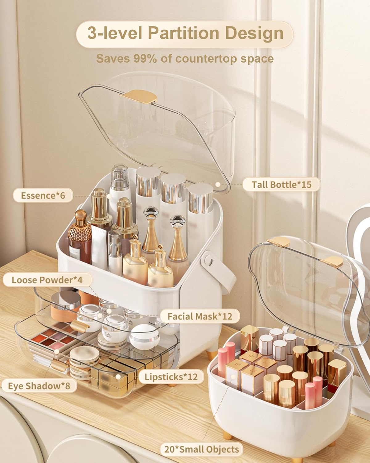 Makeup Organizer with Lipstick Holder, Skincare Organizers Storage Box Cosmetic Display Cases, Teen Girl Gifts Make up Organizers for Vanity, Dresser, Countertop, Bathroom(Rose Gold)