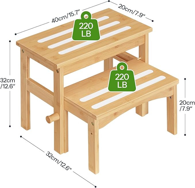 HOOBRO Wooden Step Stool for Toddlers, 2-in-1 Step Stool for Kids, Retractable Bamboo Stool with Anti-Slip Surface, for Bathroom Sink, Potty Training, Easy Assembly, Natural and White YL20JD01