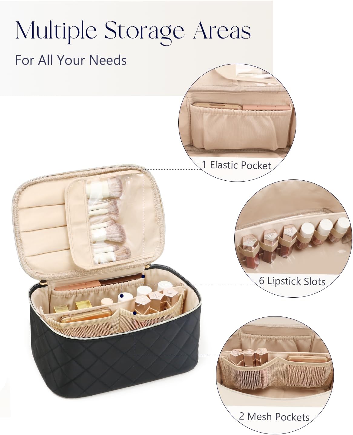 Prite Makeup Bag Portable Cosmetic Organizer with Brush Holder Waterproof Travel Toiletry Bag for Women with Handle and Divider (Black Rhombus)