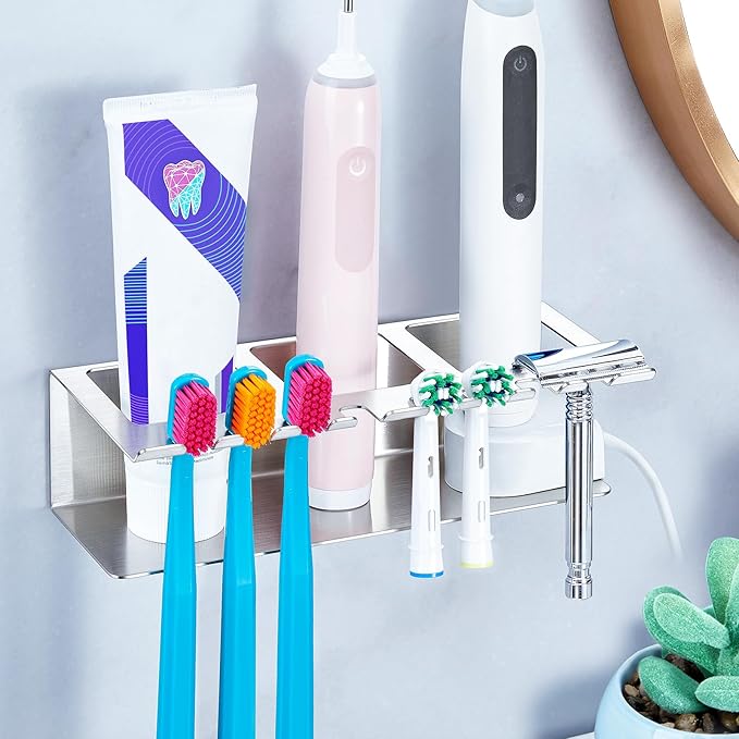 Electric Toothbrush Head Holders, Electric Toothbrush Holders Wall Mounted, Shower Electric Head Holder, Toothbrush and Toothpaste Holder, Adhesive Tooth Brushing Holder for Bathroom (Silver, Large)