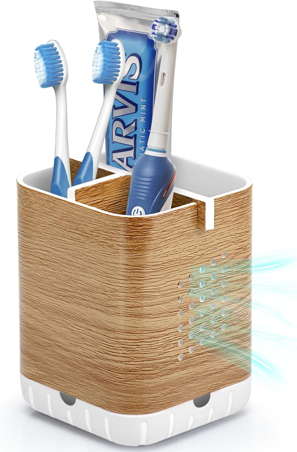 Boperzi Toothbrush Holders for Bathrooms Organizer Countertop, Detachable Anti-Slip Electric Toothbrush Holders for Kids, Toothbrush and Toothpaste Holder Storage Caddy Drainage for Shower Wood Grain