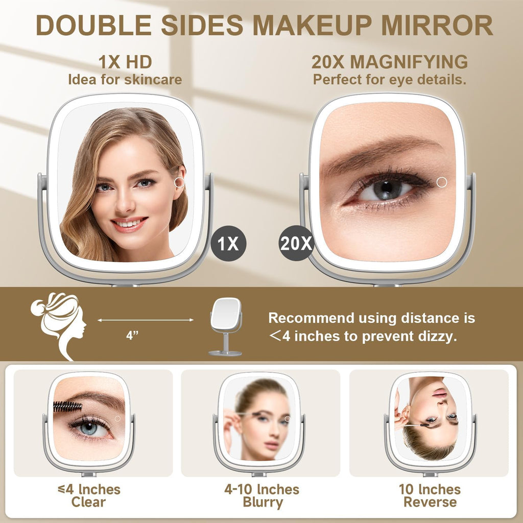 Mocado Makeup Mirror with Lights, 1X/20X Magnifying Mirror with Light, Vanity Mirror with 3 Colors Lights, Height Adjustable Lighted Makeup Mirror, Double Sided 360°Rotation, Memory Function (Grey)