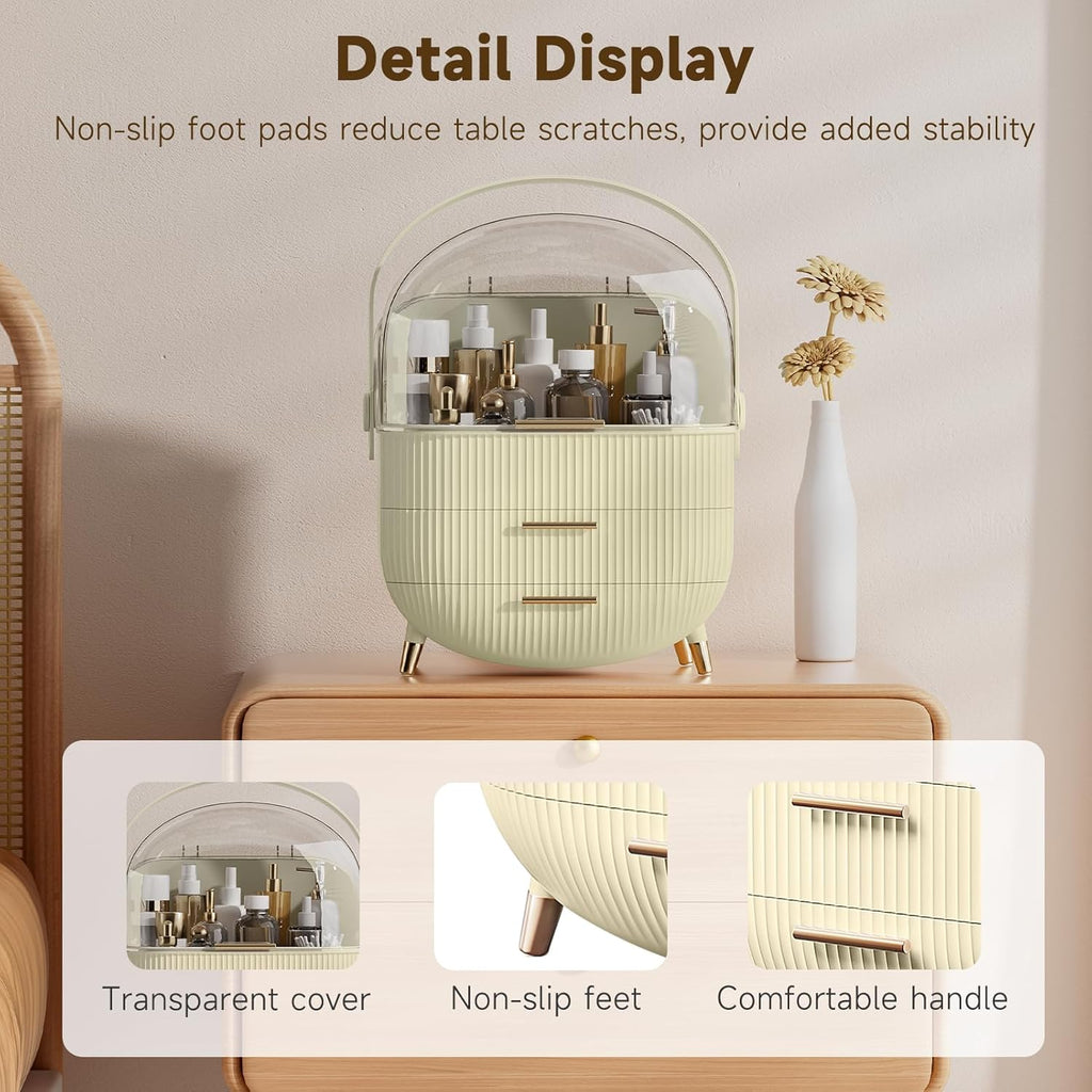Makeup Organizers, Make Up Organizer for Vanity, Countertop Cosmetic Storage with Drawers and Transparent Cover for Bedroom Bathroom, Maize-yellow