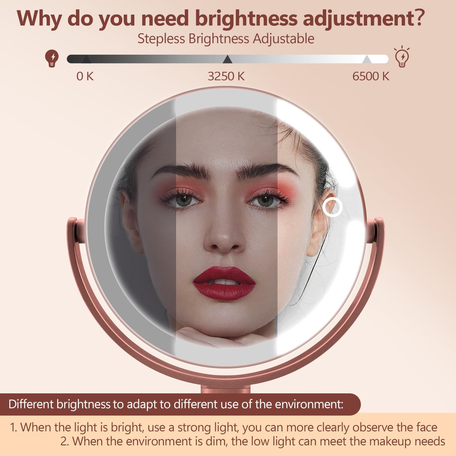 MIYADIVA Makeup Mirror with Lights, 30X Magnifying Mirror with Light and Touch Switch, Vanity Mirror with 3 Color Light and 80 LEDs, Height Adjustable Desk Mirror with Lights, Rose