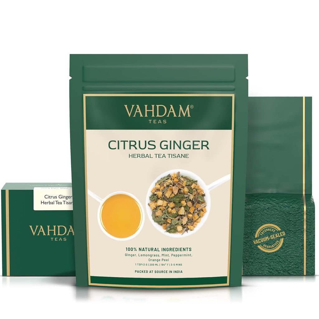 VAHDAM, Citrus Ginger Herbal Tea Tisane (50 Cups, 3.53 oz) Gluten Free, Non GMO | Ginger, Lemongrass, Orange Peels, Mint | Herbal Tea Loose Leaf | Vacuum Sealed Pack