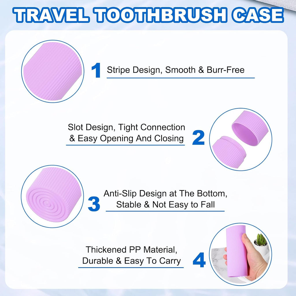 uxcell 2Pcs Travel Toothbrush Case, 7.9x2.4x2.4 Portable Travel Toothbrush Holder with Stripe, Plastic Toothpaste Container for Bathroom, Gym, Business Trip, Camping, Purple