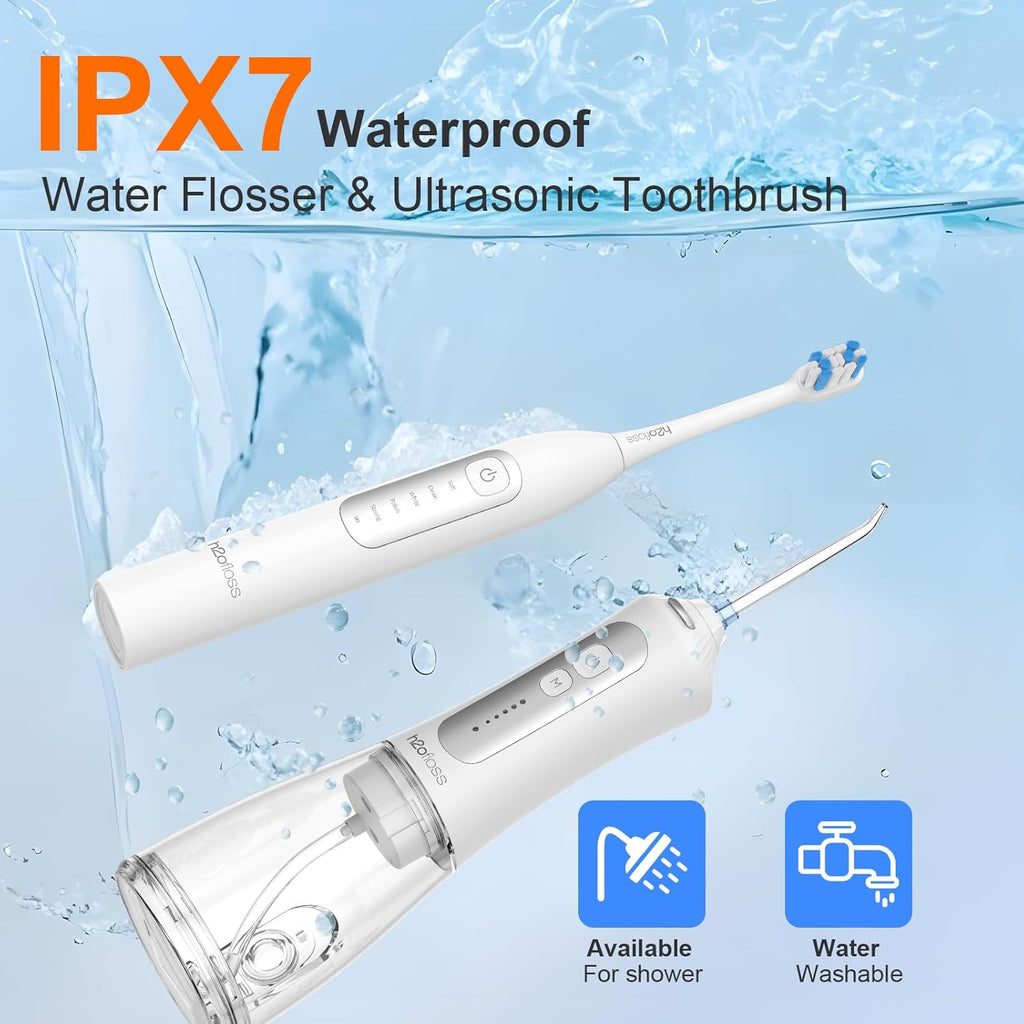 H2ofloss Sonic Electric Toothbrush and Water Flosser Combo, Rechargeable 2000mAh Toothbrush and 2500mAh Oral Irrigator with 300ml Tank, 4 Brush Heads, 5 Nozzles, 2 in 1 for Home and Travel (White)