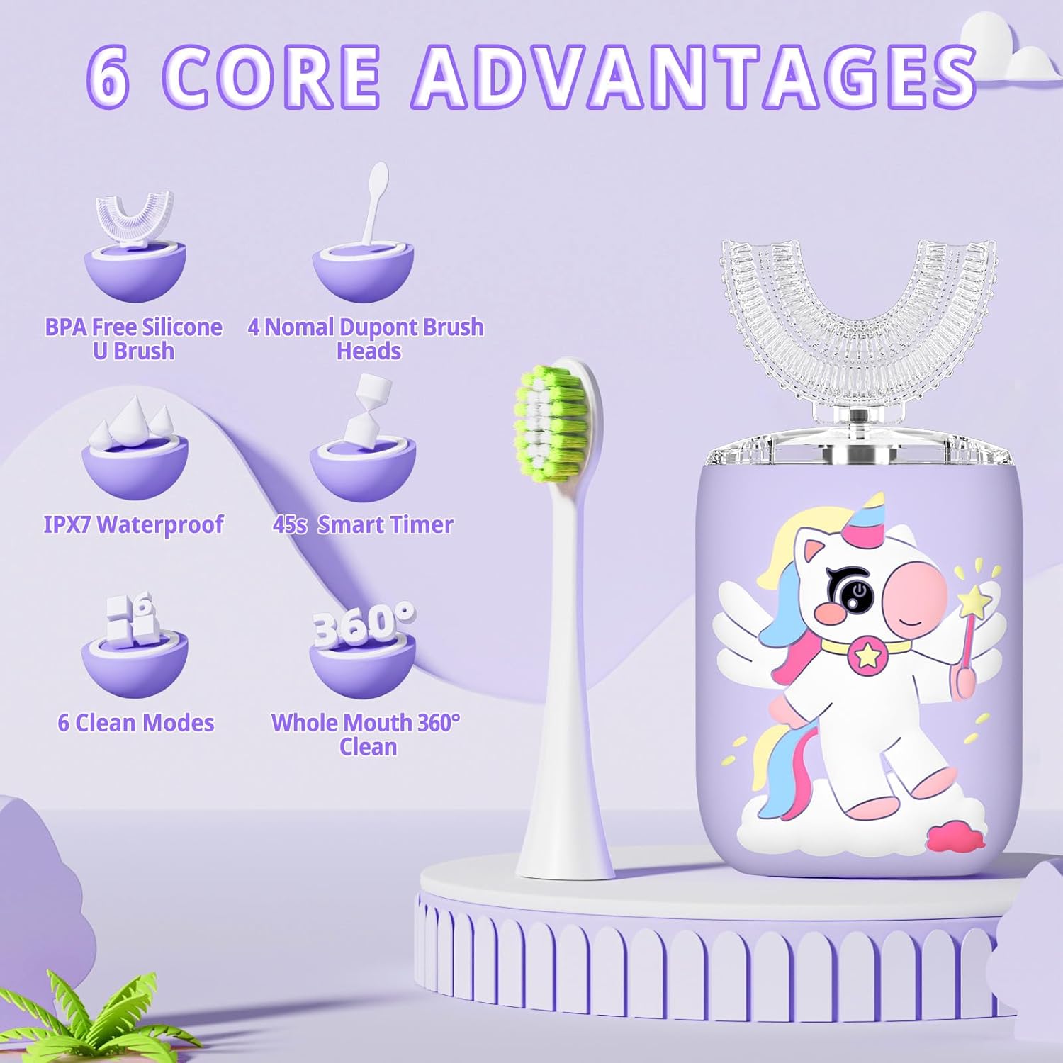 Kids Electric U Shaped Toothbrush Unicorn Rechargeable Sonic Toothbrush with 4 Soft Brush Heads with Kid Toothpaste IPX7 Waterproof - (Age 2-7, Purple)