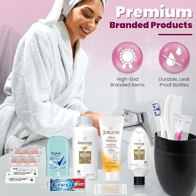 Trektote Bulk Hygiene Kit For Women – (50 Pack) 15 Piece Set – Featuring Top Trusted Brands, TSA Compliant, Bulk Travel Essentials, Includes Shampoo And Conditioner, Body Wash, Toiletry Bag & More