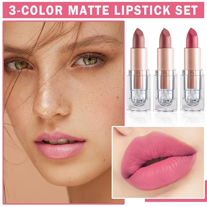 3PCS Matte Nude Lipstick Set Velvet Lip Gloss Non-Fading Non-Sticky Cup Nude Lipstick Matte Lip Stain Long Lasting Waterproof Lipstick for Women Girls Daily Lip Makeup - Set B