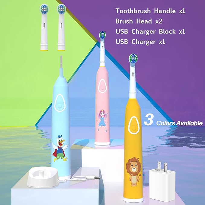 1 PC Rotating Kids Electric Toothbrush with 2 Brush Heads IPX7 by Omnia ONE | 3 Modes, Rechargeable 30 Days Battery Life, IPX7 Waterproof, USB Charger & Block Included, Fun & Effective Oral Care