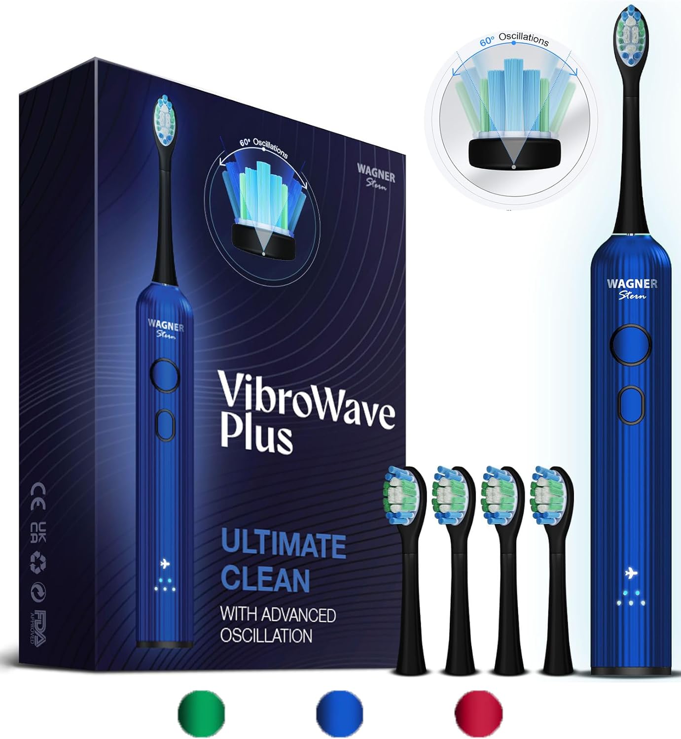 Wagner Stern VibroWave Plus Oscillation & Vibration Sonic Electric Toothbrush with 4 Brush Heads. IPX7 Waterproof.