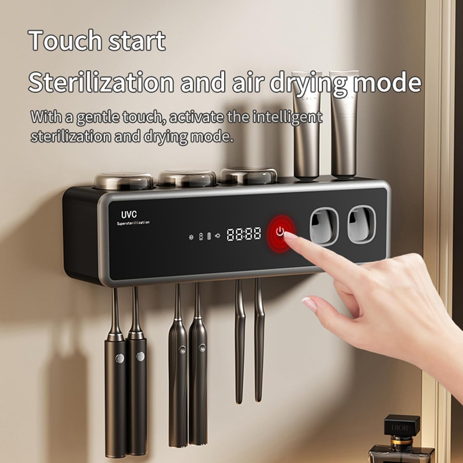 Wall Mounted Toothbrush Holders, Automatic Toothpaste Dispenser, 3 Cup Rechargeable Electric Toothbrush Holder with Smart Cleaning and Hot Air Drying,Bathroom Decor and Accessories (Black)