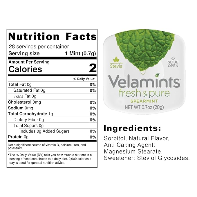 Velamints Fresh Spearmint Sugar Free Mints Tin - Fresh Breath Mint Aspartame-Free Sweetened with Stevia, 20 Gram (Pack of 6 Tins)