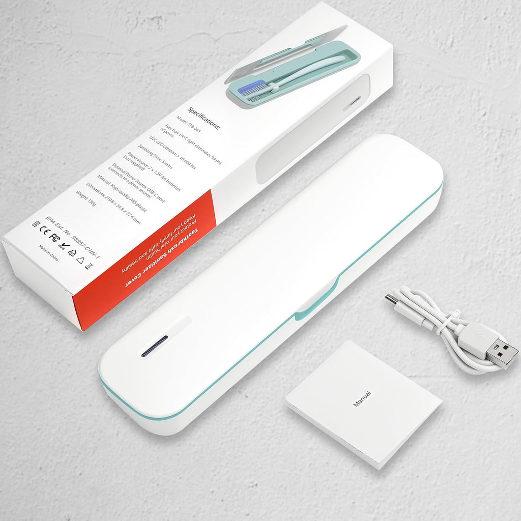UV Toothbrush Sanitizer and Holder, Portable Travel Case and Cover, Toothbrush Cleaner Powered by AA Battery or USB-C, Fits Most Brushes