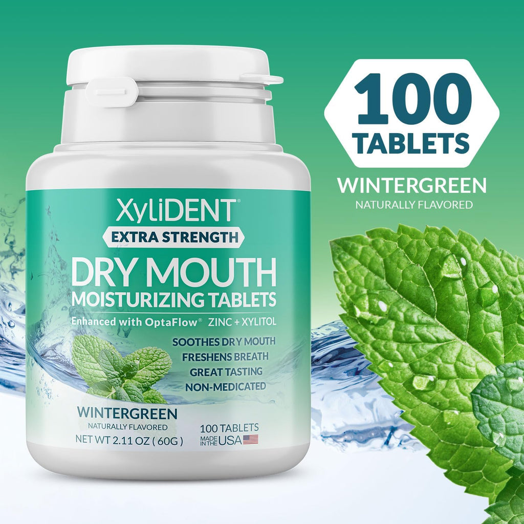 Extra Strength Xylitol Tablets for Dry Mouth Relief - Stimulates Saliva, Freshens Breath, Reduces Acid Production, Fast Acting Relief, 100 Count (Wintergreen)