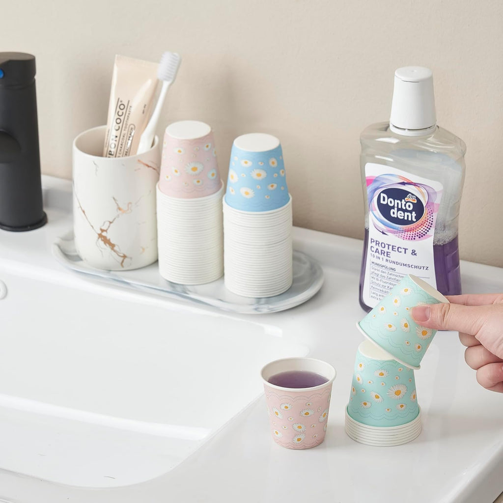 Tamone 600 Pack 3 oz Paper Cups, Small Bathroom Cups, Disposable Cups, Mini Paper Cups Daisy Design Pink, Blue, Mouthwash Cups for Party, Picnic, BBQ, Travel, Home and Event