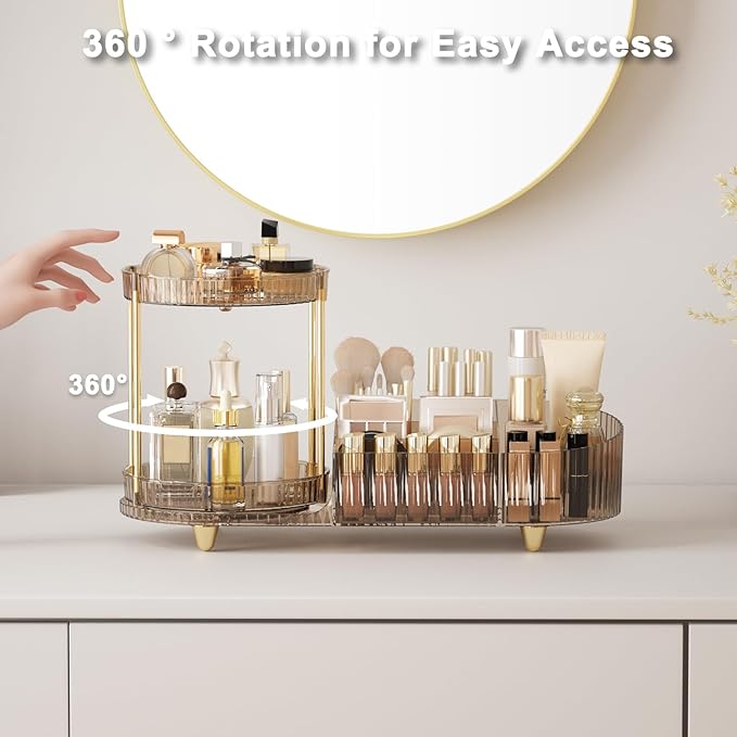 Rotating Makeup Organizer Countertop with Compartment for Vanity, Plastic Vanity Makeup Storage Organizer, 2-in-1 Desk Makeup Holders and Organizers with Perfume Tray for Cosmetics Bathroom