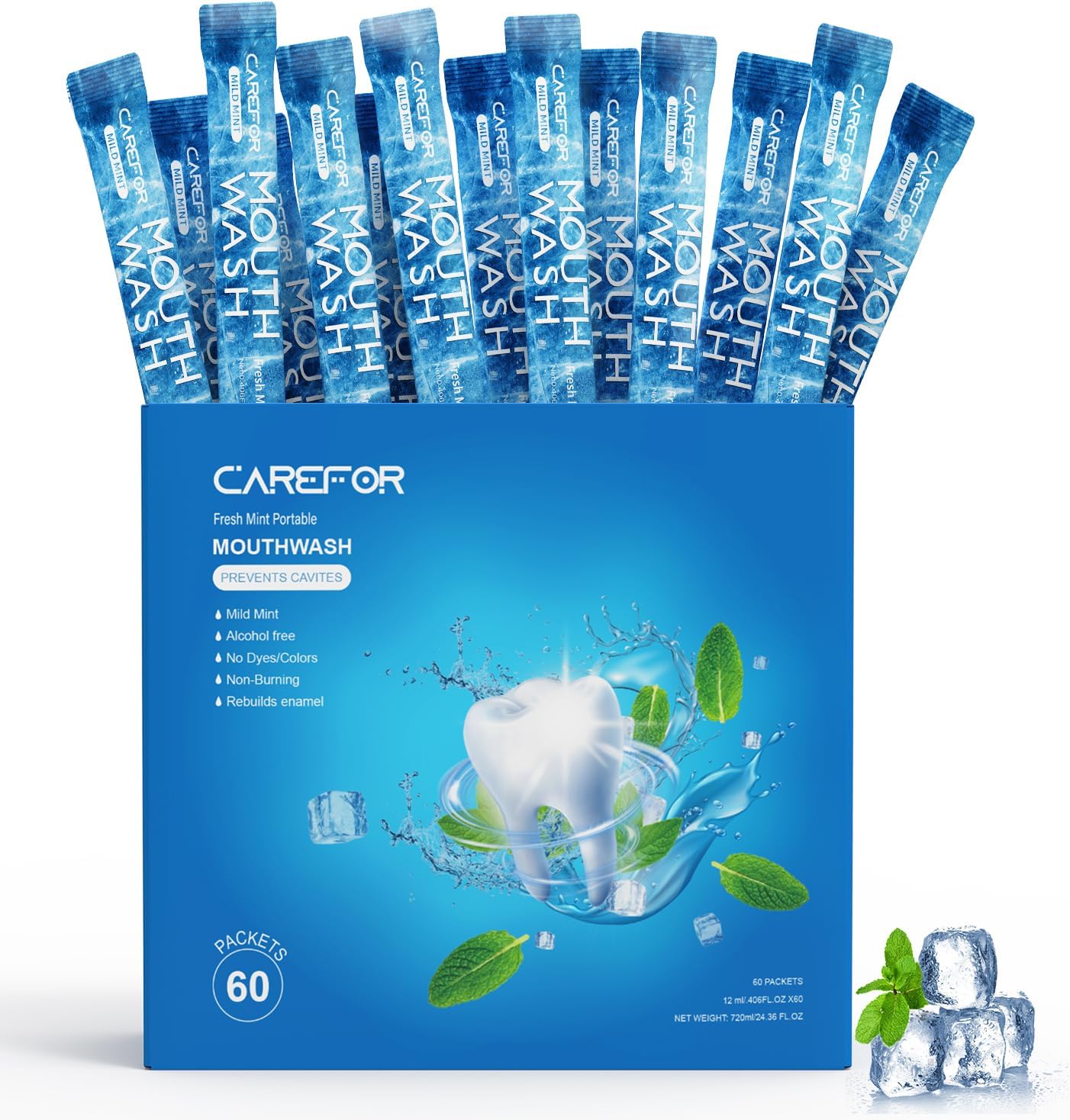 Mouthwash Travel Size, Portable Fresh Breath Mouthwash, Alcohol-Free, ICY Mint Flavor, Mini Pack – to Go for On-The-Go Freshness, Bulk Packets 0.41 Fl Oz (Pack of 60)