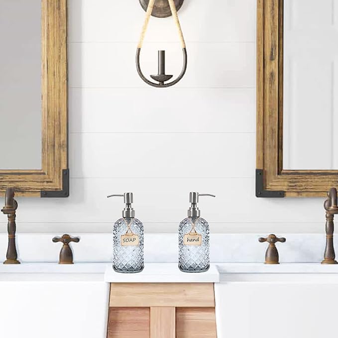 16 oz Diamond Pattern Glass Soap Dispenser, Kitchen and Bathroom Refillable Soap Dispenser with Rust Resistant Stainless Steel Pump for Hand Soap, Lotion Glass Liquid Dispenser (Grey)