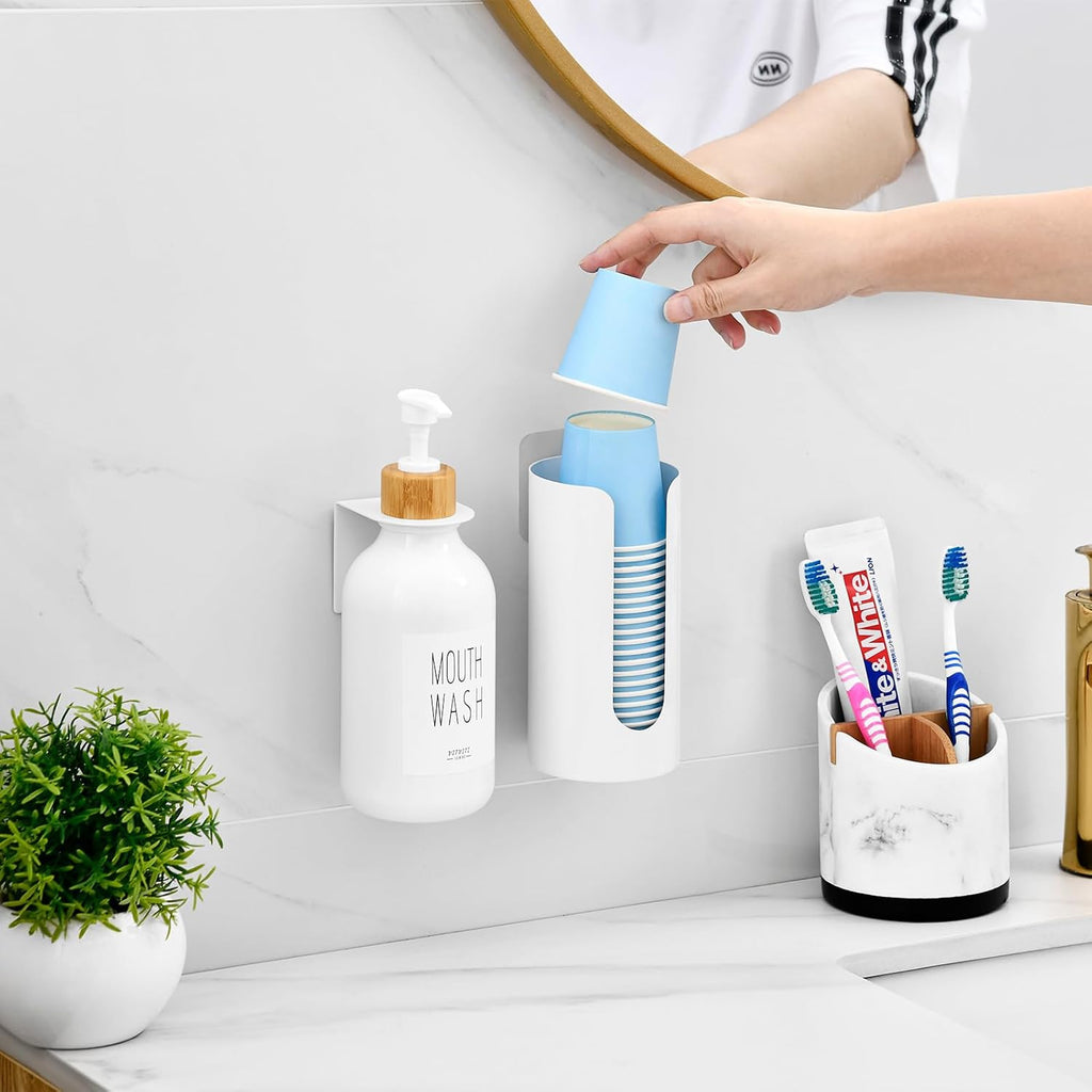 VITVITI Mouthwash Dispenser for Bathroom, Mouth Wash Dispenser Wall Mounted with Cup Holder, 17OZ Refillable Mouthwash Pump Container, Plastic/Bamboo/Metal, White