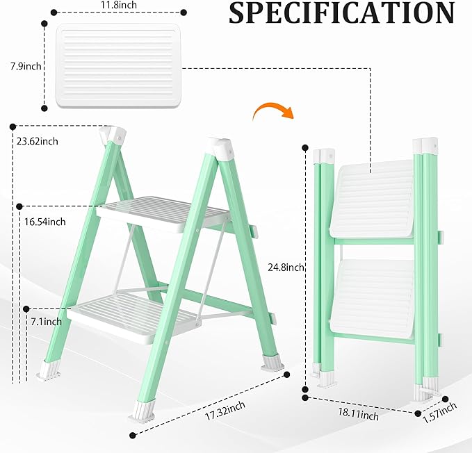 2 Step Ladder, Folding Step Stool with Anti-Slip Wide Pedal, Anti-Slip Feet, Sturdiest Steel Construction, Steel Ladder for Home and Office, Green White