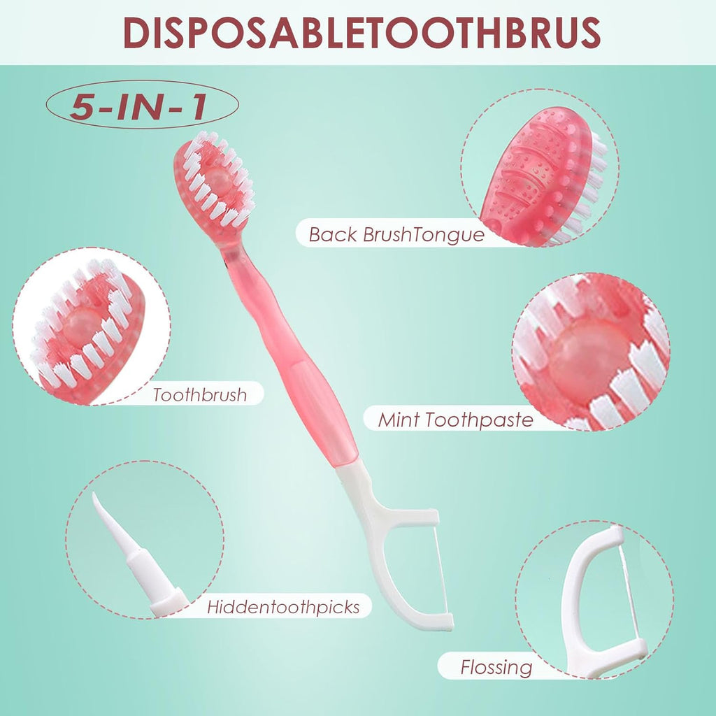 YIBLBOX 5 in 1 Toothbrush & Floss,5 in 1 mini Toothbrush & Floss & Tongue Scraper & Toothpick Set,Disposable Toothbrushes with Toothpaste, Portable Oral Care for Travel Work